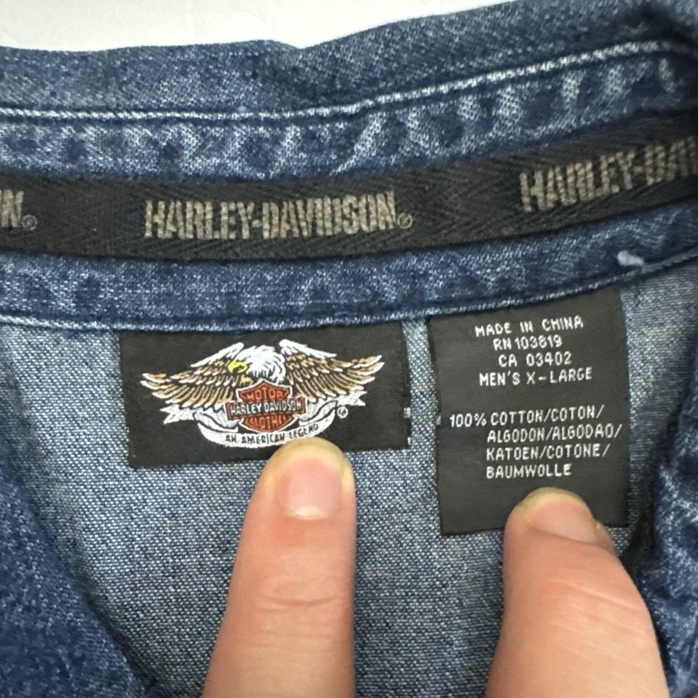 Harley-Davidson Embroidered Eagle Blue Frayed Denim Jean Mens Snap Vest Size X-L